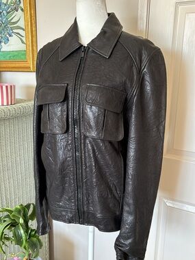 Men's black leather bomber jacket crinkle lambskin leather